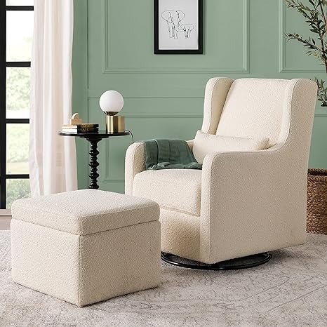 Carter's by DaVinci Adrian Swivel Glider with Storage Ottoman in Ivory Boucle, Greenguard Gold & CertiPUR-US Certified