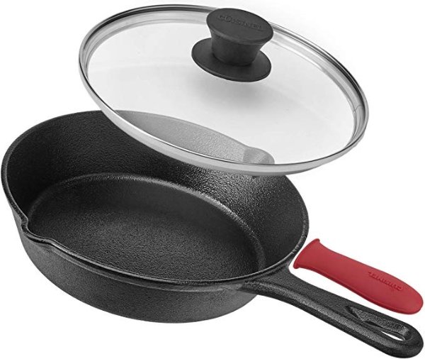 Pre-Seasoned Cast Iron Skillet (8-Inch) with Glass Lid and Handle Cover Oven Safe Cookware