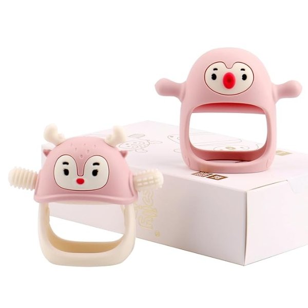 Smily Mia Baby Teething Toy |Penguin Teether for 0-6Months |Reindeer Baby Chew Toys for 3m+, Soft Silicone Hand Teether |Teething Mitten for Teething Pain Relief, Baby Essentials Gift Box, Light Pink