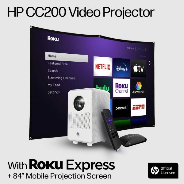 CC200 FHD LCD LED Projector with Roku Express Streaming Player and 84" Mobile Projection Screen