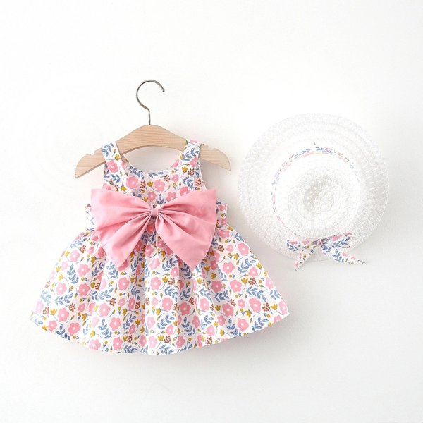 2pcs Baby Girl Sleeveless Floral Print Bowknot Dress Sets