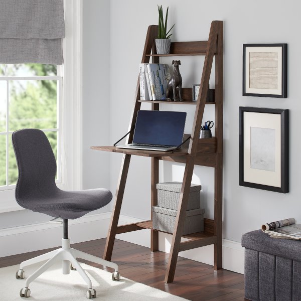 Contemporary 3-Shelf Ladder Desk, Canyon Walnut Finish