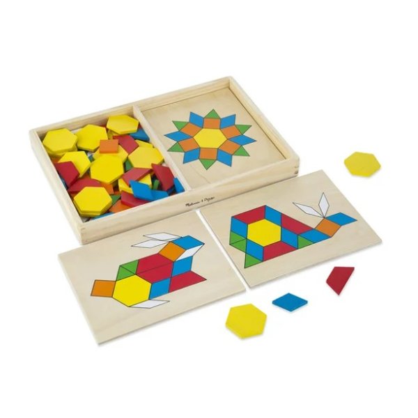 Melissa & Doug Pattern Blocks and Boards - Classic Toy With 120 Solid Wood Shapes and 5 Double-Sided Panels, Multi-Colored Animals Puzzle