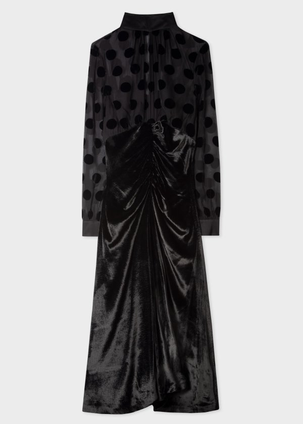 Women's Black Velvet Dress With Sheer Polka Dot Top Detail