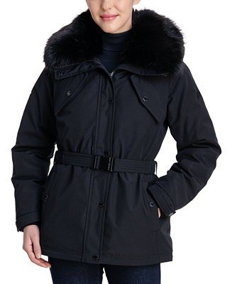 Women's Belted Faux-Fur-Trim Hooded Down Puffer Coat