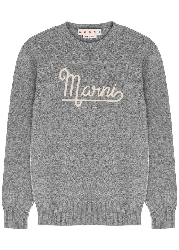 Grey logo-embroidered wool jumper