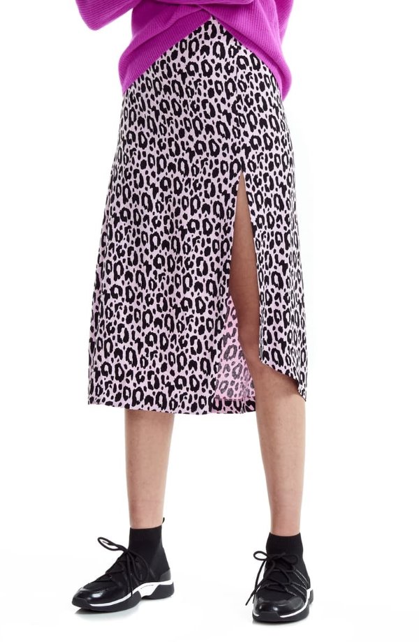 Jipanta Leopard Print Side Slit Skirt