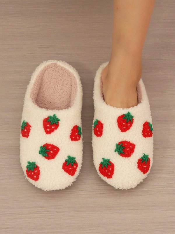 Women's House Slippers, Indoor Warm Plush, Embroidered With Flowers, Fashionable And Soft, Strawberry Design For Bedroom, Winter