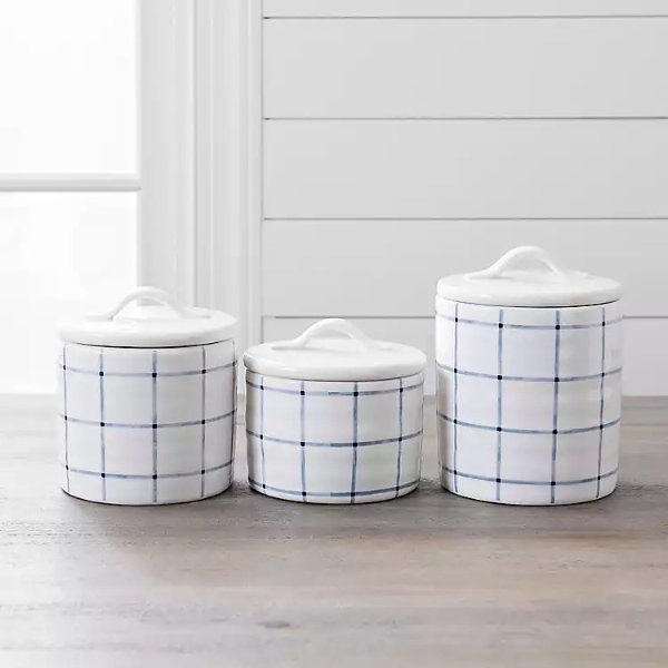 Blue Grid Canisters, Set of 3