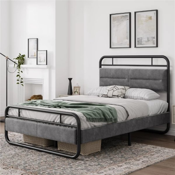 Contemporary Velvet Upholstered Bed with Rounded-Edged Headboard,Full Size, Dark Gray