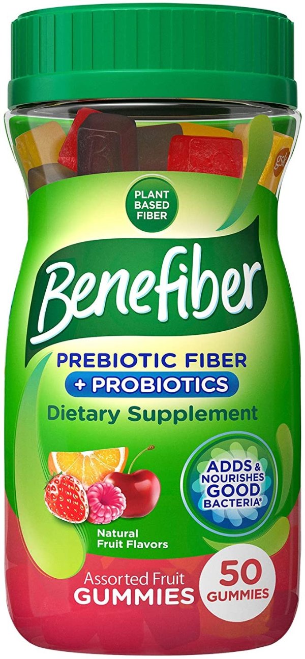 Prebiotic Fiber Supplement Gummies for Digestive Health with Probiotics, Fiber Gummies for Adults, Assorted Fruit Flavor - 50 Count