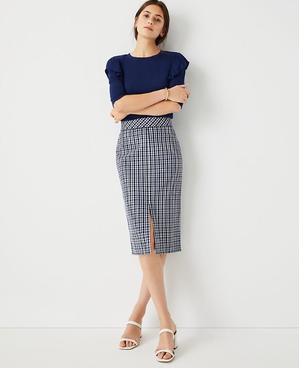 Gingham Piped Front Slit Pencil Skirt | Ann Taylor