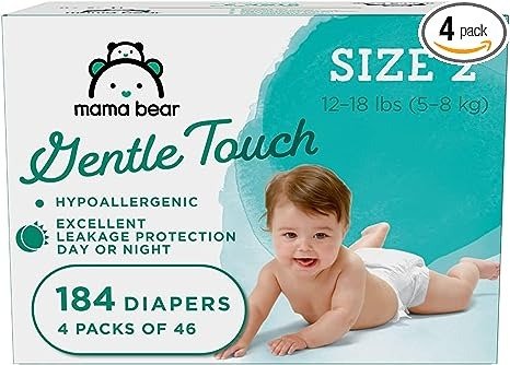 Amazon Brand - Mama Bear Gentle Touch Diapers, Hypoallergenic, Size 2, 184 Count (4 packs of 46)