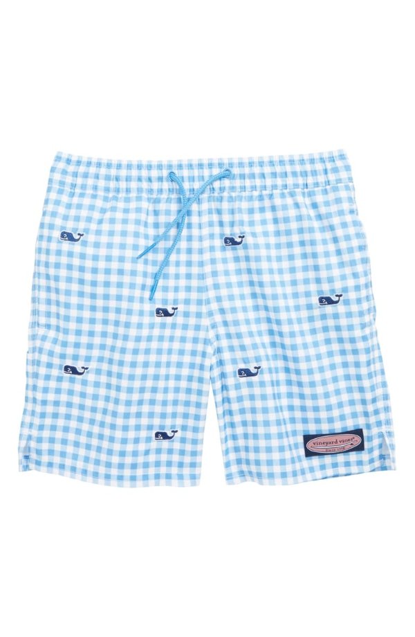Gingham Whale Embroidered Chappy Swim Trunks