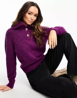 alpaca wool sweater with wide button front collar in purple