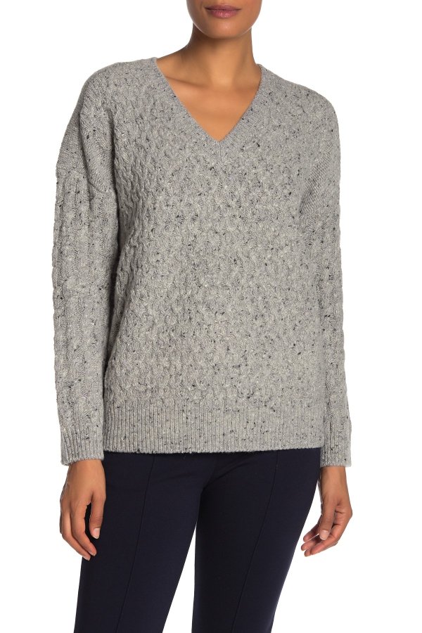 V-Neck Cable Knit Wool Blend Sweater