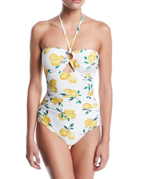 lemon-print bandeau halter one-piece swimsuit