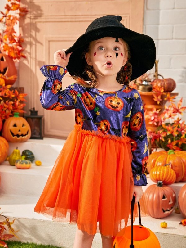 Toddler Girls Halloween Print Flounce Sleeve Mesh Hem Dress