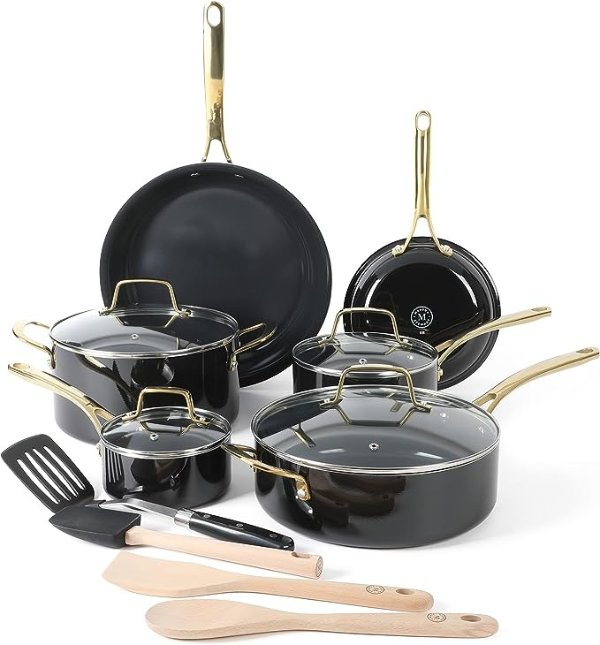 Lockton 14 Piece Premium Non-Stick Heavy-Gauge Aluminum Cookware Combo Set (Pots, Pans, and Tools) - Black w/Gold Handles