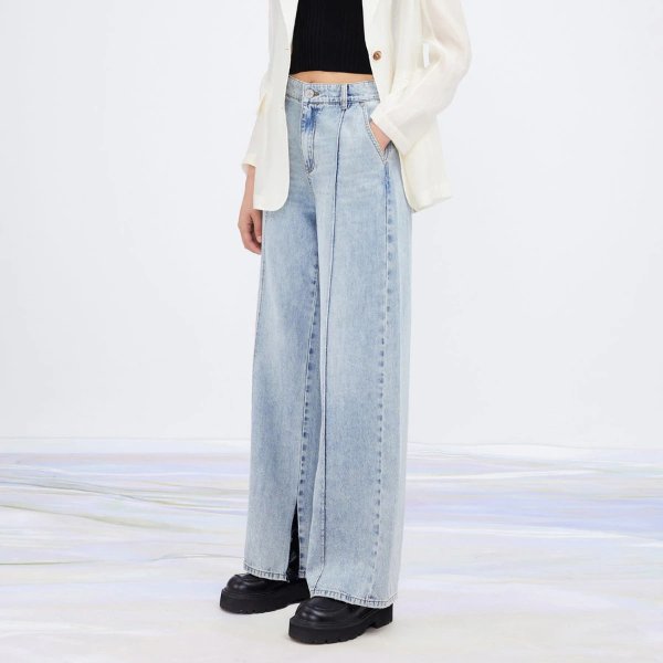 Liu Wen x Peacebird Split Design High Waist Wide Leg Jeans | Peacebird Women Fashion