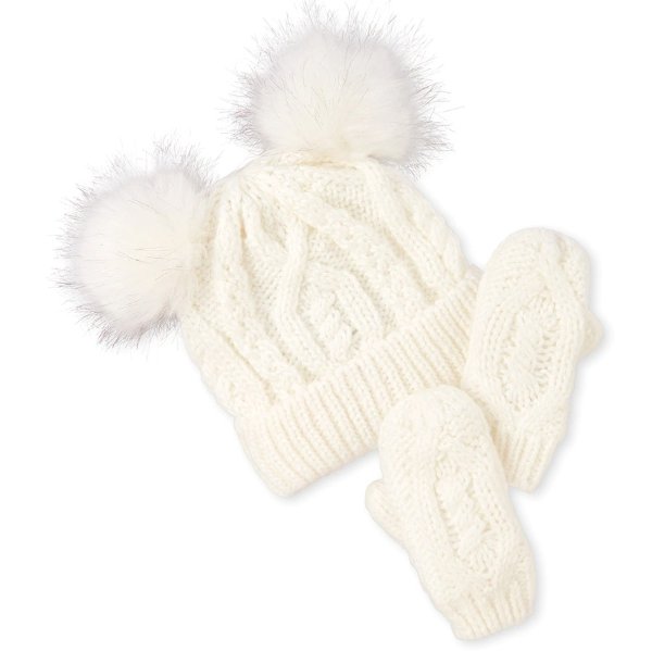 Toddler Girls Glitter Cable Knit Pom Pom Beanie And Mittens Set