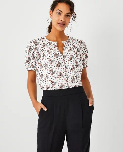 Floral Mixed Media Button Puff Sleeve Top | Ann Taylor