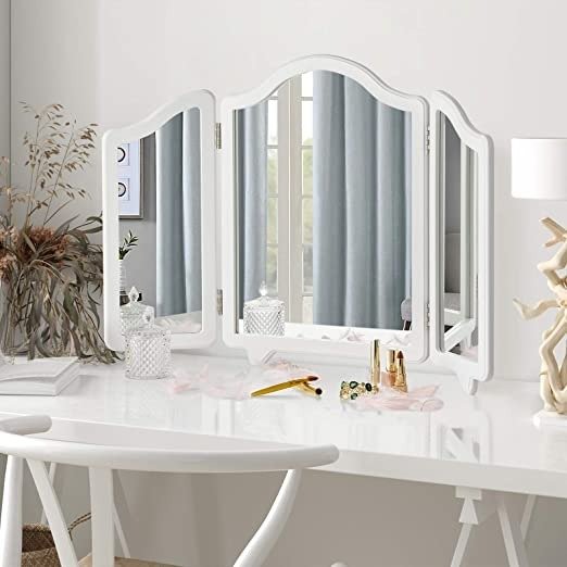 Hollywood Large Vanity Trifold Makeup Mirror, 3 Side Folding Tabletop Mirror White