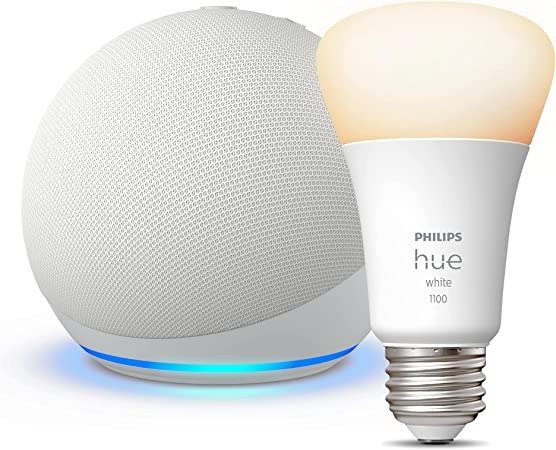 All-New Echo Dot (5th Gen, 2022 release) | Smart speaker with Alexa | Glacier White + Philips Hue White A19 Medium Lumen Smart Bulb, 1100 Lumens