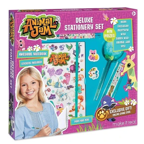 Make It Real - Animal Jam Stationery Set. Animal Jam Notebook and Sticker Set for Kids. Includes Animal Jam Notebook, Stickers, Pom Pom Pens, Ruler, and Erasers
