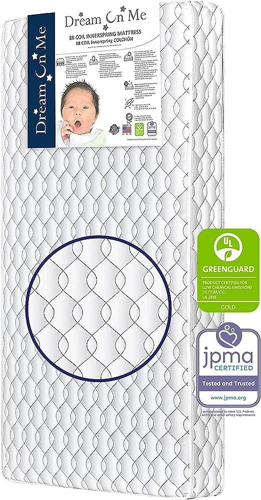 Dream On Me Twilight 5” 88 Coil Innerspring Crib and Toddler Mattress, Grey Waterproof Vinyl Cover, Greenguard Gold & JPMA Certified, 10 Years Manufacture Warranty, Made in U.S.A, Removable Cover