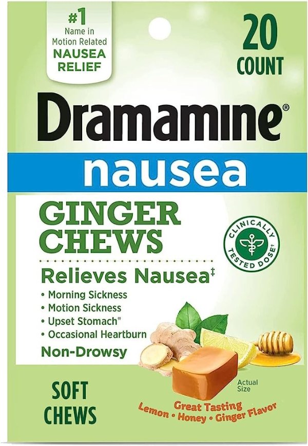 Ginger Chews, Relieves Nausea, Lemon Honey Ginger Flavor, 20 Soft Chews