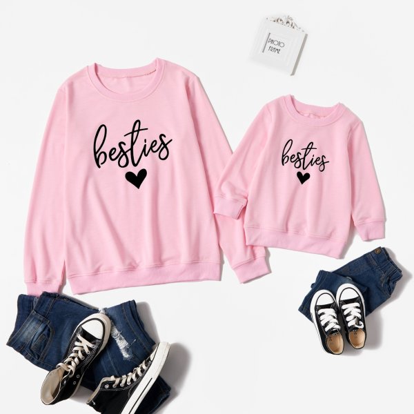 Bestie Letter Love Print Pink Sweatshirts for Mom and Me