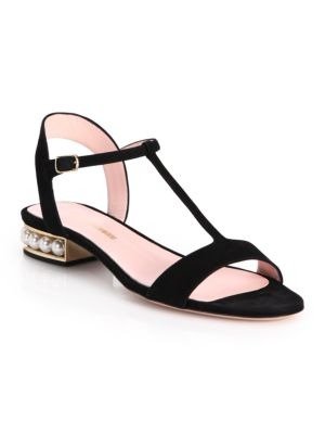- Casati Pearly Heel Suede T-Strap Sandals