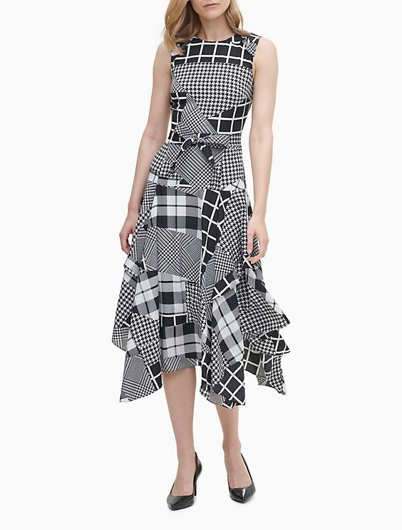 Printed Belted Handkerchief A-Line Midi Dress