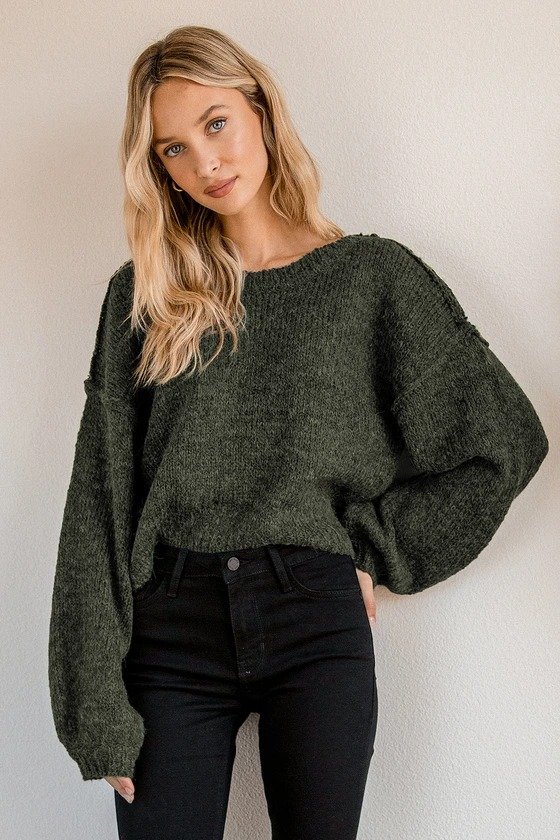 Always Together Forest Green Balloon Sleeve Sweater