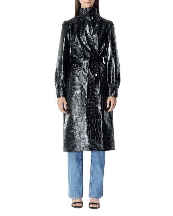 Croc Embossed Faux Leather Trench Coat