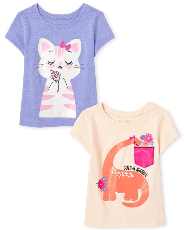 Baby And Toddler Girls Short Sleeve Animals Graphic Tee 2-Pack