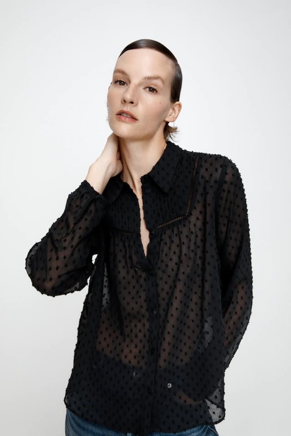 LACE INSERT DOTTED MESH SHIRT