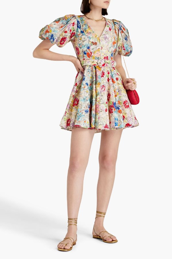 Belted floral-print linen mini dress
