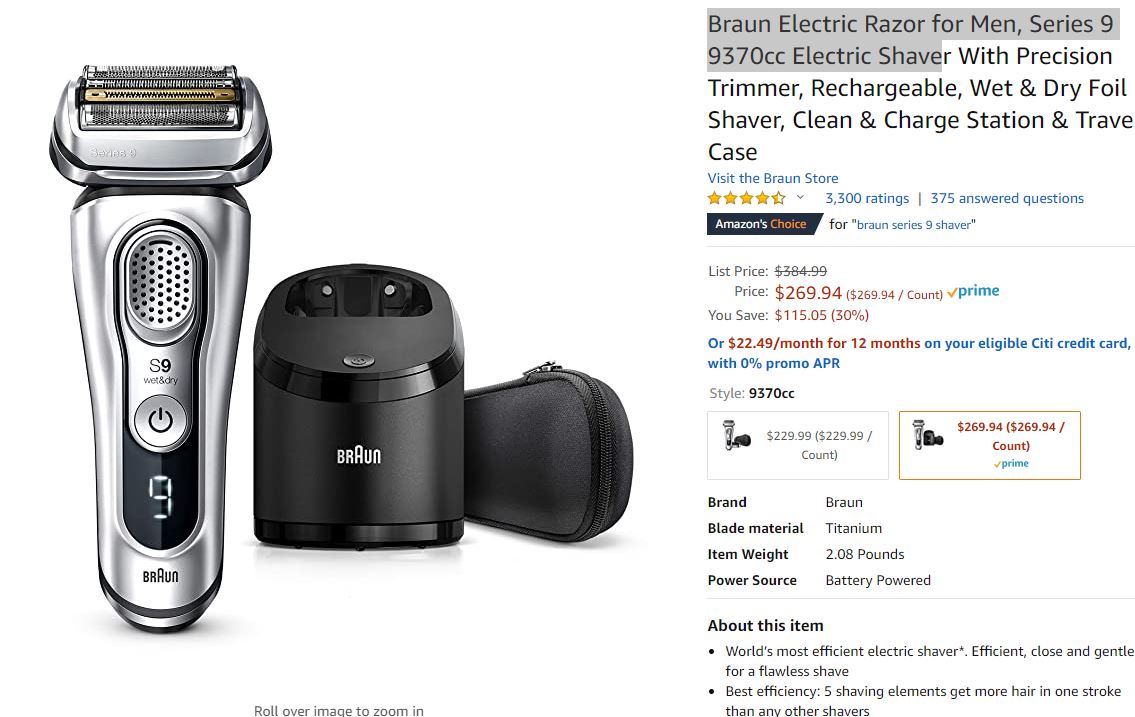 Braun Electric Razor for Men, Series 9 9370cc Electric Shave剃须刀
