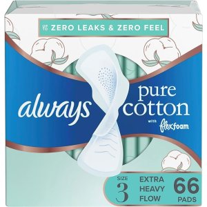 alwaysPure Cotton Feminine Pads for Women, Size 3, Extra Heavy Flow, with wings, Unscented, Free of Dyes, Fragrances, and Chlorine Bleaching, 22 Count X 3 Packs (66 Count Total)