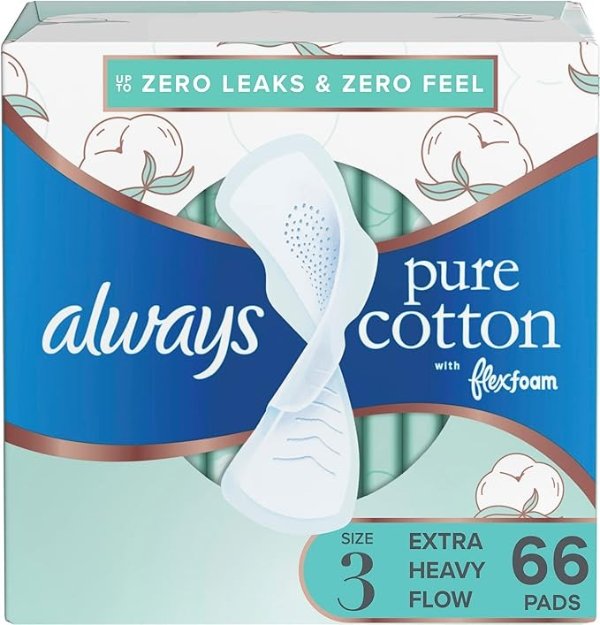 Pure Cotton Feminine Pads for Women, Size 3, Extra Heavy Flow, with wings, Unscented, Free of Dyes, Fragrances, and Chlorine Bleaching, 22 Count X 3 Packs (66 Count Total)