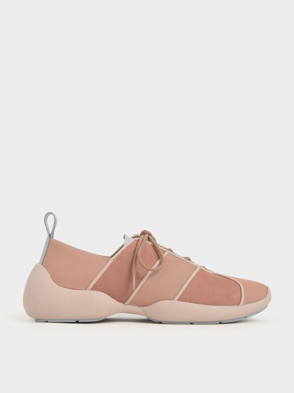 Nude Nylon &amp; Microsuede Lace-Up Sneakers | CHARLES &amp; KEITH
