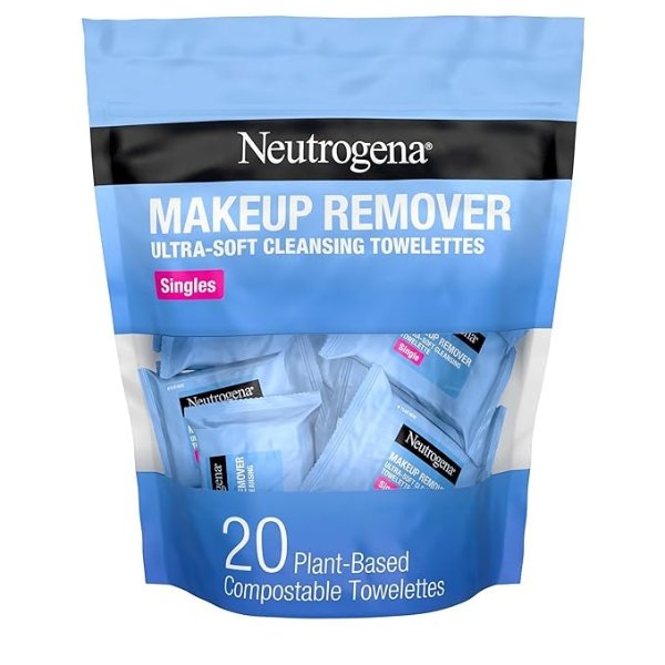 Makeup Remover Cleansing Towelette Singles, Daily Face Wipes To Remove Dirt, Oil, Makeup & Waterproof Mascara, Individually Wrapped, 20 Count