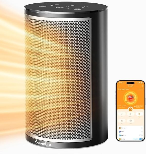 Smart Space Heater, 1500W Fast Electric Heater for Indoor Use with Thermostat, Wi-Fi App & Voice Remote Control, Small Heater Safety for Bedroom Home Indoors Office Desk Portable, Black
