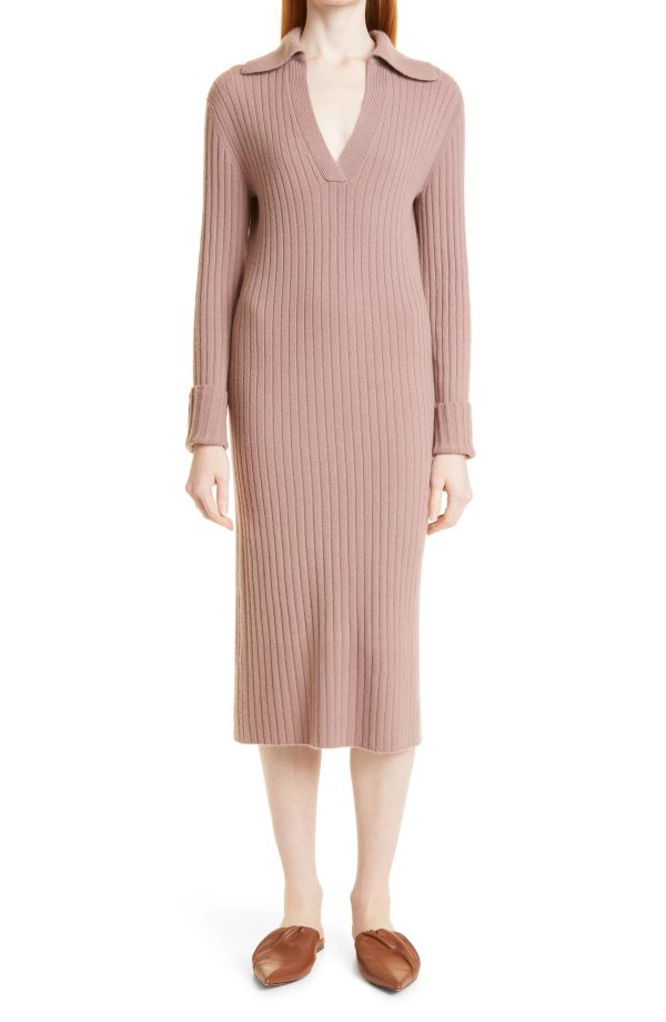 Crafted by Vince Long Sleeve Wool & Cashmere Rib Polo Sweater Dress