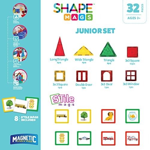 Award Winning 40 Piece Junior Set, Includes 32 Magnetic Tiles and 8 Stilemags. Made with Power+Magnets