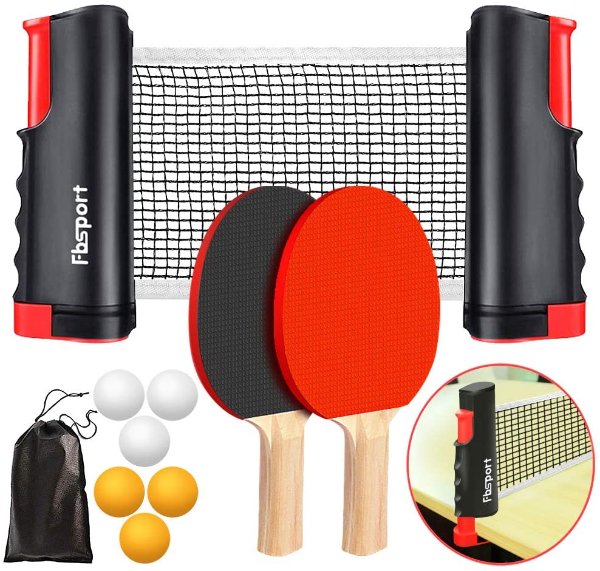 FBSPORT Ping Pong Paddle Set, Portable Table Tennis Set with Retractable Net, 2 Rackets, 6 Balls and Carry Bag for Children Adult Indoor/Outdoor Games