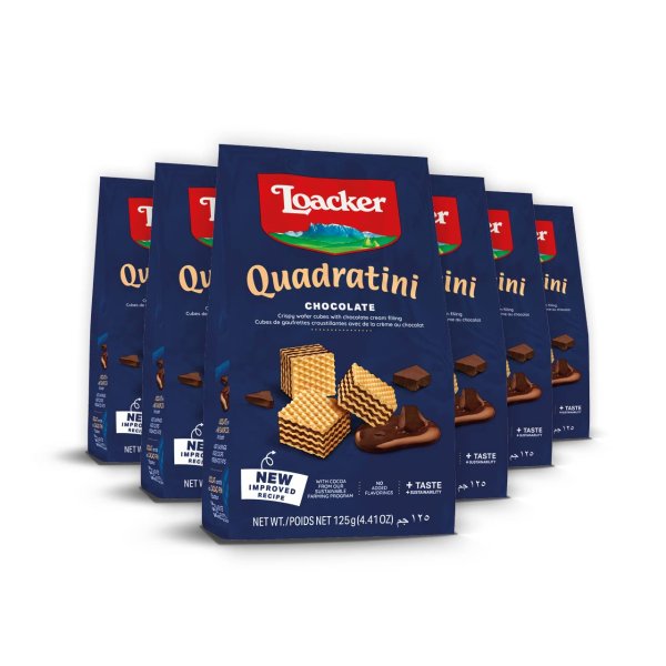 Loacker Quadratini Chocolate bite-size Wafer Cookies | SMALL Pack of 6 | Crispy Wafers with 4 creamy layers of finest Chocolate cream filling | great for snacks & desserts | Non GMO | No artificial flavorings, added colors or preservatives | 4.41 oz