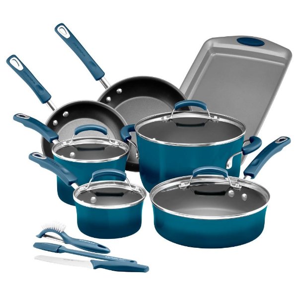 Classic Brights 14-Piece Agave Blue Porcelain Nonstick Cookware Set with Bakeware and Tools